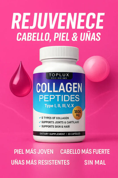 Collagen Péptidos Toplux 1800 mg 90 Cápsulas - 5 Tipos de Colágeno en un solo Producto