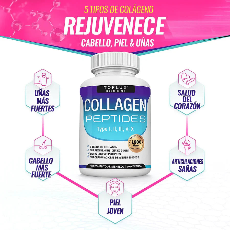 Collagen Péptidos Toplux 1800 mg 90 Cápsulas - 5 Tipos de Colágeno en un solo Producto