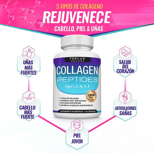 Collagen Péptidos Toplux 1800 mg 90 Cápsulas - 5 Tipos de Colágeno en un solo Producto